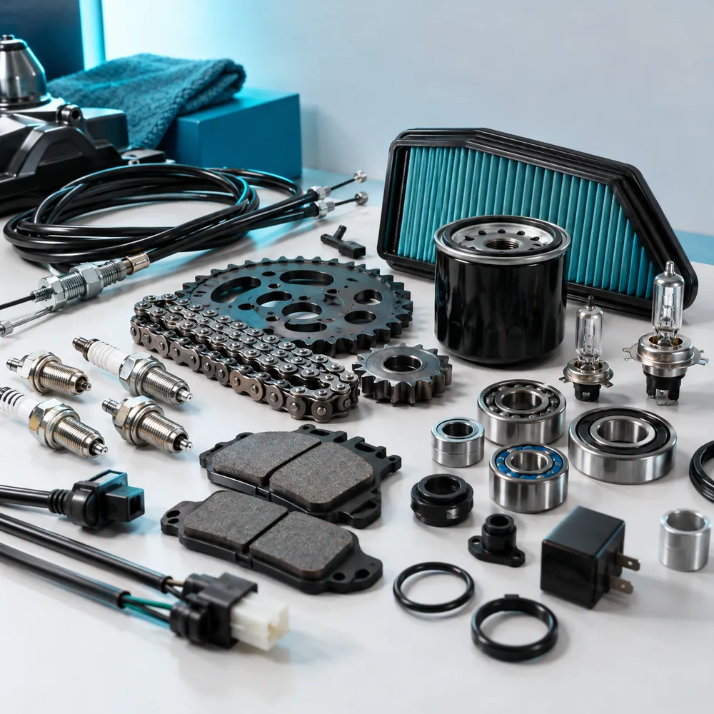 Repuestos de moto: kit de transmisión, pastillas de freno, bujías, filtros y rulemanes